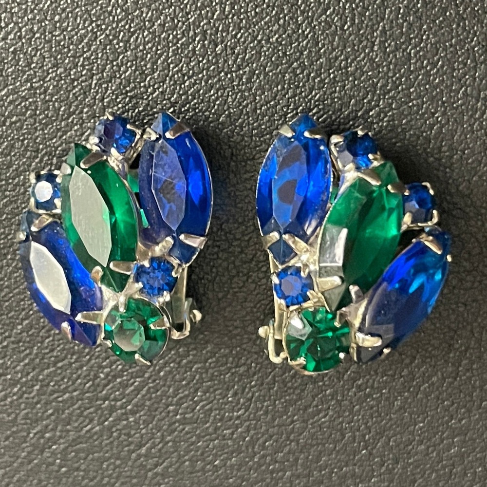 Vintage Rhinestone Earrings Clip Ons Open Back Silver Tone Blue Green Marquise